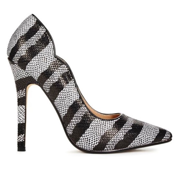 JustFab Shoes Amella black ivory stripes pointed pumps stiletto heels Sz 9 - Picture 2 of 11